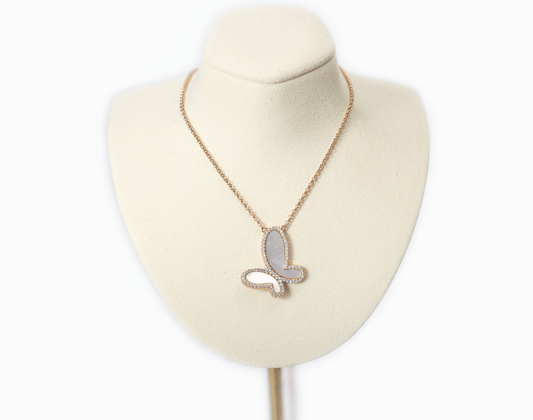 Mother of Pearl w/ 18k Gold & Cubic Zirconia Butterfly Necklace Jewelry