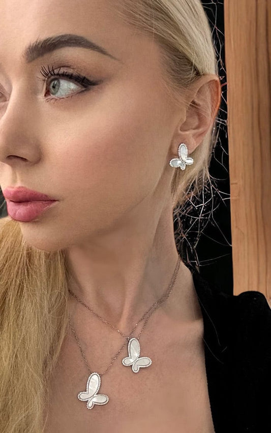 925 Silver with Mother Of Pearl Cubic Zirconia Stud Butterfly Earring Jewelry