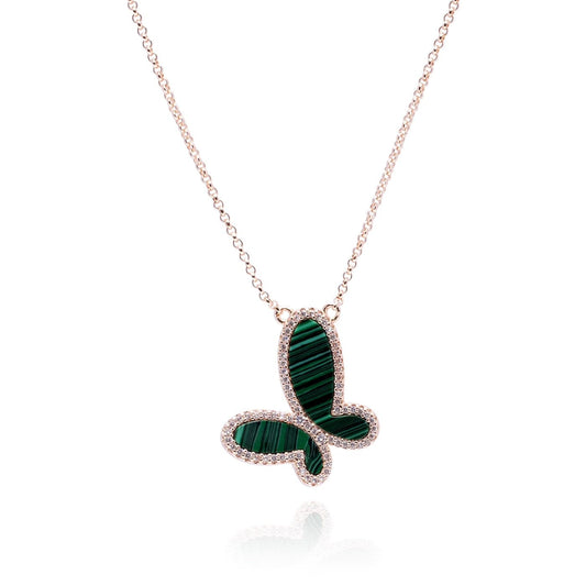 Green Malachite w/ 18k Gold & Cubic Zirconia Butterfly Necklace Jewelry